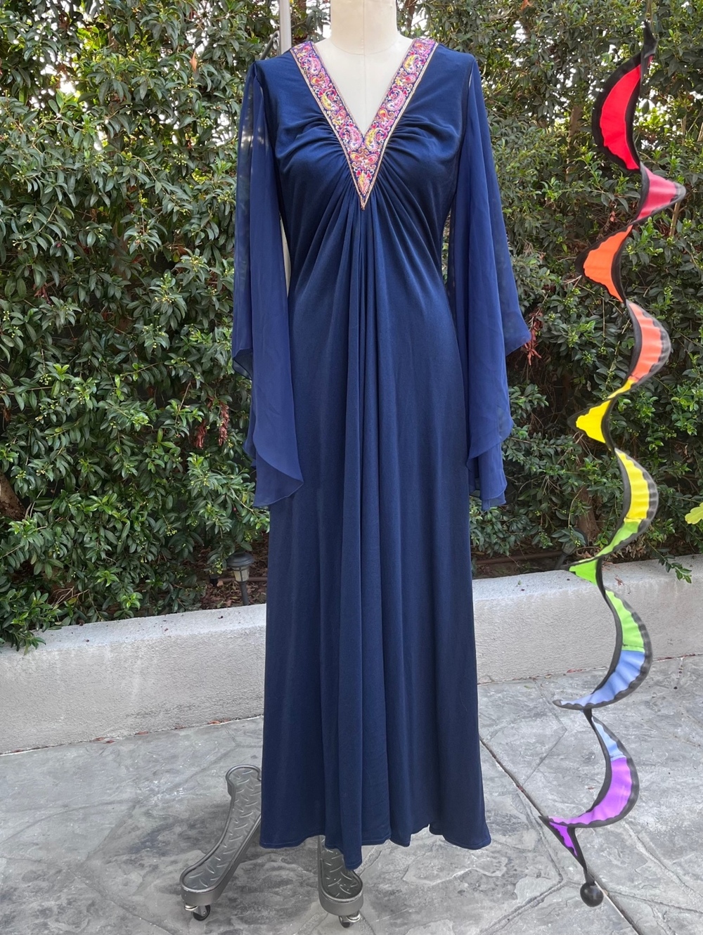 Vintage 1970s Navy Blue Embellished Maxi Dress Flowing Boho Gown Medium Large